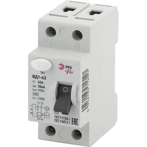 剩余电流动作保护器 (RCD) 1P+N 63A 30mA ВД1-63 Pro NO-902-33 ЭРА Б0031879