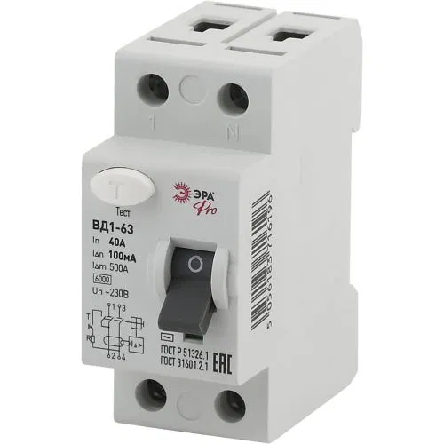 Residual current device (RCD) 1P+N 40A 100mA ВД1-63 Pro NO-902-38 ЭРА Б0031883