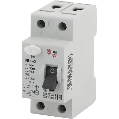 Residual Current Device (RCD) 1P+N 50A 30mA ВД1-63 Pro NO-902-41 ЭРА Б0031886