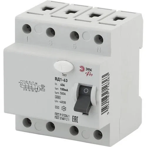 Residual current device (RCD) 3P+N 40A 100mA ВД1-63 Pro NO-902-61 ЭРА Б0031900