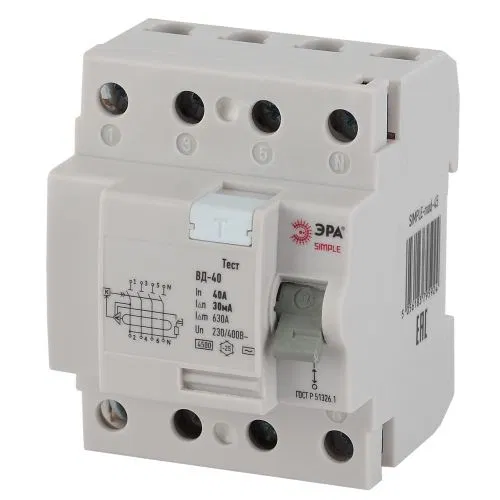 剩余电流动作保护器 (RCD) 4p 40A/30mA ВД-40 (电子式) SIMPLE-mod-45 ЭРА Б0039265