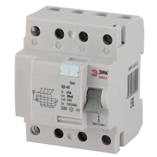 剩余电流动作保护器 (RCD) 4p 63A/30mA ВД-40 (电子式) SIMPLE-mod-46 ЭРА Б0039266