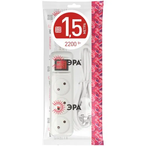 Удлинитель 3х1.5м без заземл. 10А IP20 U-3s-1.5m-2х1 ПВС 2х1 с выкл. Эра Б0044049