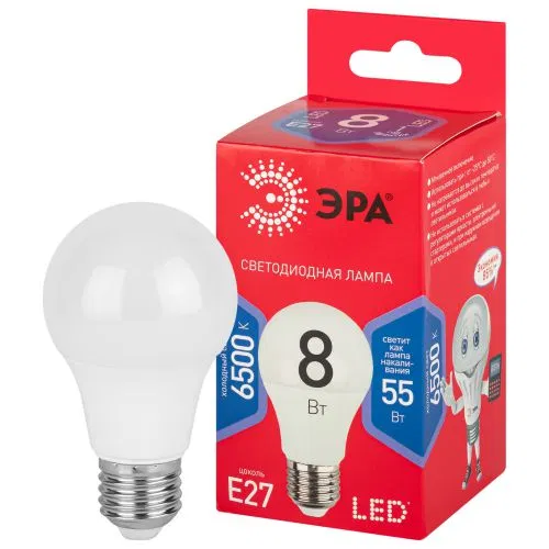 Лампа светодиодная RED LINE LED A60-8W-865-E27 R 8Вт A60 груша 6500К холод. бел. E27 Эра Б0045323