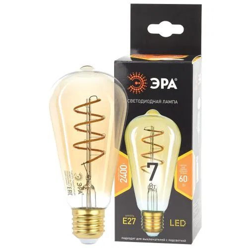 Лампа светодиодная филаментная F-LED ST64-7W-824-E27 7Вт ST64 золотая 2400К спирал. тепл. бел. E27 Эра Б0047665