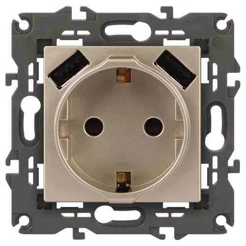 Elegance 香槟色插座 16A 250V 2P+E 带 2xUSB 5V-3A 防护门 14-4109-04 ЭРА Б0047870