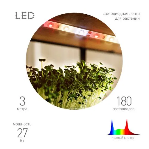 Лента светодиодная FITO-Strip Light-Rа90-27W-3m-12V-IP65 3м IP65 для растений полноспектральная с адаптером 12В Эра Б0064597
