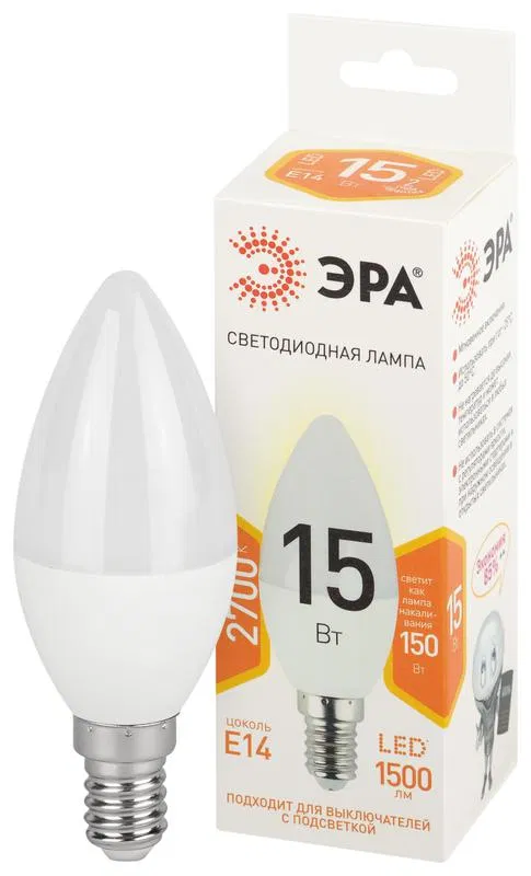 Лампа светодиодная STD LED B35-15W-827-E14 15Вт свеча 2700К тепл. бел. свет E14 170-265В Эра Б0066835