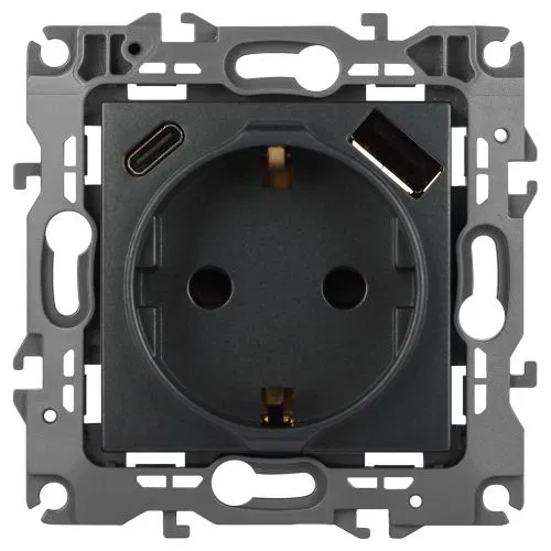 Розетка Эра12 12-4108-12 16А 250В 2P+E с USB type-A+C 5В-3А защ. шторки графит Эра Б0067700