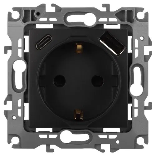 Розетка Эра12 12-4108-05 16А 250В 2P+E с USB type-A+C 5В-3А защ. шторки антрацит Эра Б0067707