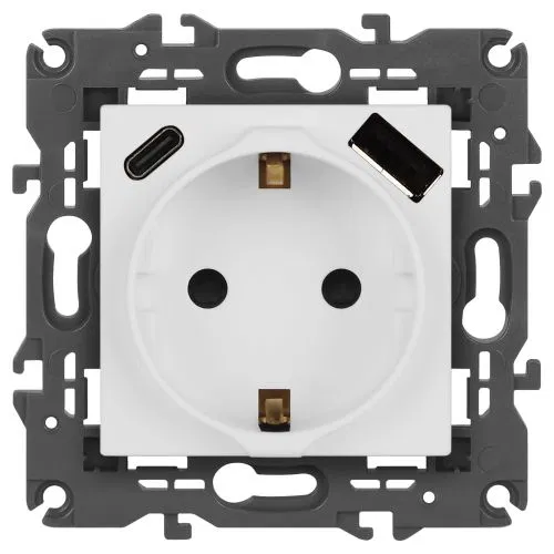 Розетка Elegance 14-4108-01М 16A 250В 2P+E защ. шторки с USB type-A+C 3А 5В матов. бел. Эра Б0067710
