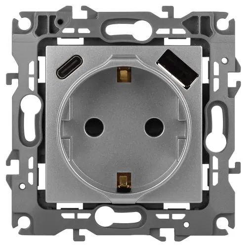 Розетка Эра12 12-4108-03 16А 250В 2P+E с USB type-A+C 5В-3А защ. шторки алюм. Эра Б0067716