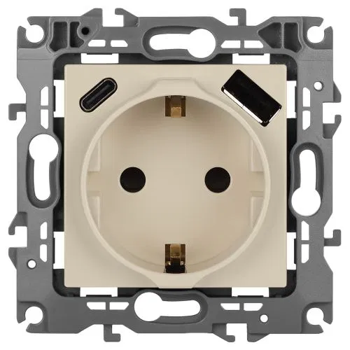 Розетка Эра12 12-4108-02 16А 250В 2P+E с USB type-A+C 5В-3А защ. шторки сл. кость Эра Б0067731