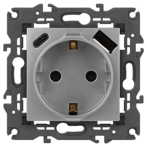 Розетка 1-м СП Elegance 14-4108-03 16А 250В 2P+E с USB type-A+C 5В-3А защ. шторки алюм. Эра Б0067741