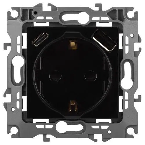 Розетка Эра12 12-4108-06 16А 250В 2P+E с USB type-A+C 5В-3А защ. шторки черн. Эра Б0067746