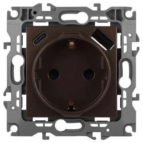 Розетка Эра12 12-4108-13 16А 250В 2P+E с USB type-A+C 5В-3А защ. шторки бронза Эра Б0067757