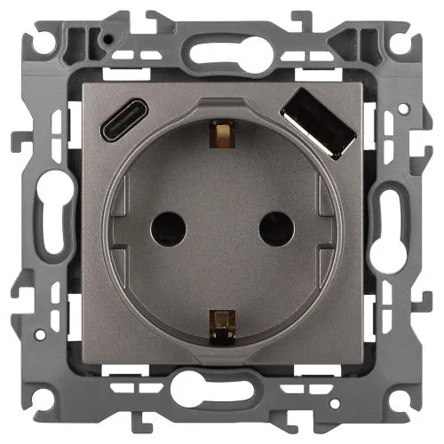 Розетка Эра12 12-4108-16 16А 250В 2P+E с USB type-A+C 5В-3А защ. шторки титан Эра Б0067762