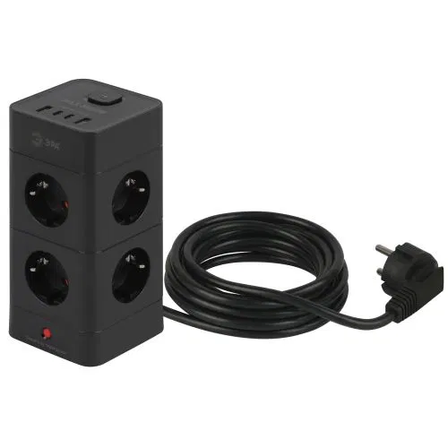 8孔1.5m带接地网络插座排插 16A IP20 TWR-8es-1.5m-4USB-B 带开关 + 4xUSB A+C 黑色 Era Б0069072