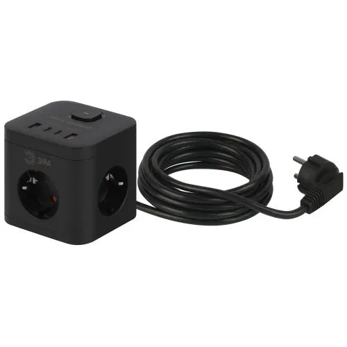 立方体延长线 3x1.5 带接地 16A IP20 CUBE-3es-1.5m-4USB-B 带开关 + 4xUSB A+C 黑色 Era Б0069074