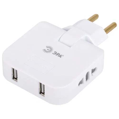 Разветвитель электрический 2-м 10А SPF-2-FL-USB 2USB поворотн. бел. Эра Б0069089