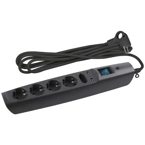 Удлинитель с сетевым фильтром 5х2м с заземл. 10А IP20 U-5es-2m-B 2хUSB ПВС 3х0.75 с выкл. защ. шторки черн. Эра C0043326