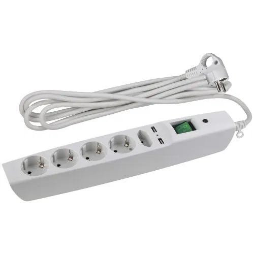 Удлинитель с сетевым фильтром 5х2м с заземл. 10А IP20 U-5es-2m-W 2хUSB ПВС 3х0.75 с выкл. защ. шторки бел. Эра C0043327