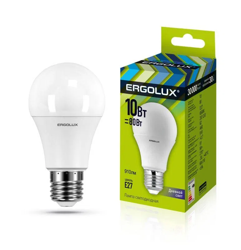 Лампа светодиодная LED-A60-10W-E27-6K 10Вт грушевидная 6500К холод. бел. E27 180-240В ЛОН Ergolux 12879