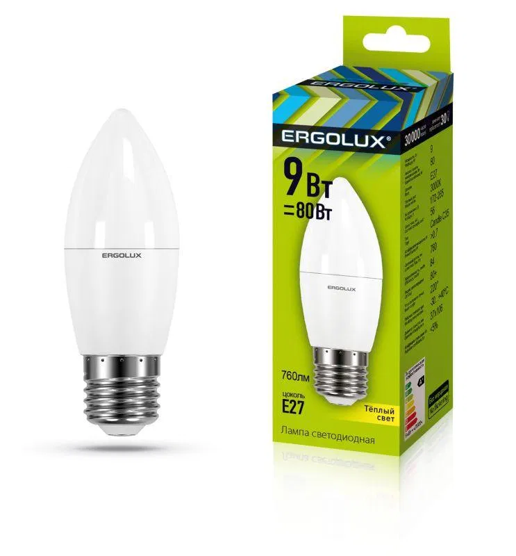 LED lamp LED-C35-9W-E27-3K Candle 9W E27 3000K 172-265V Ergolux 13170