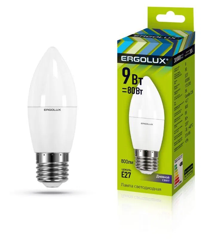 LED-C35-9W-E27-6K 蜡烛灯 9W E27 6500K 172-265V Ergolux 13172