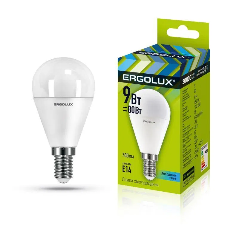 LED-G45-9W-E14-4К 9W 球形 LED 灯 4000K 中性白 E14 172-265V Ergolux 13174
