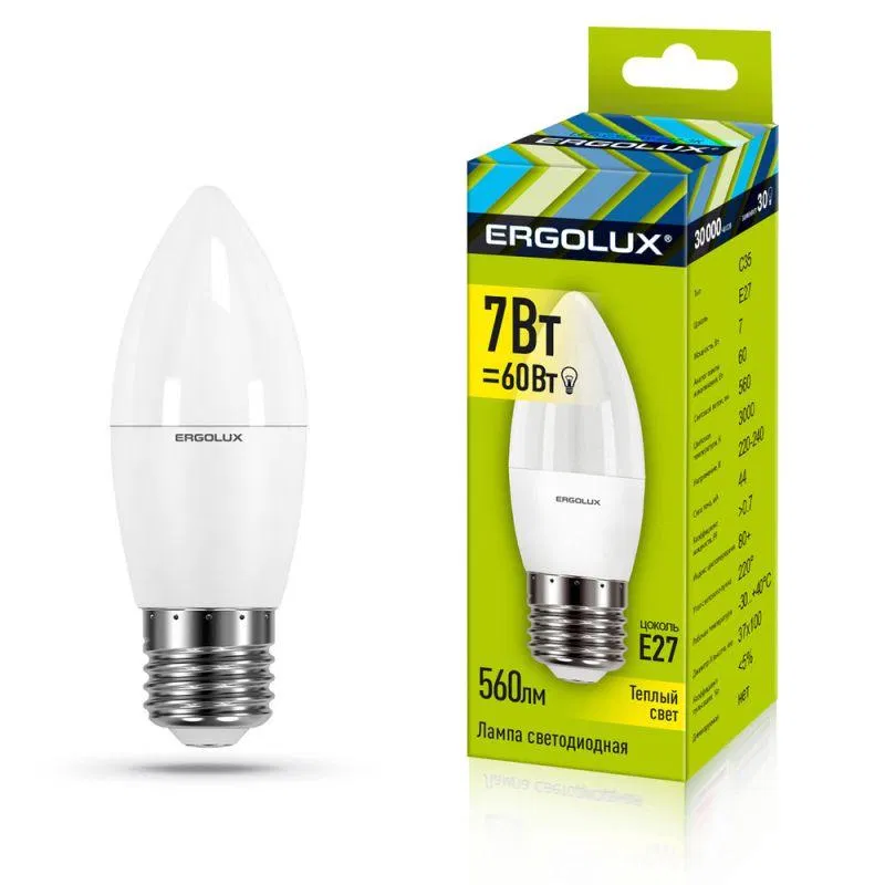 LED lamp LED-C35-7W-E27-3K Candle 7W E27 3000K 172-265V Ergolux 13297