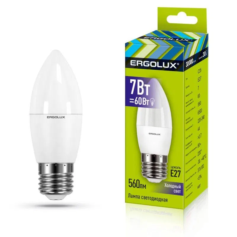 Лампа светодиодная LED-C35-7W-E27-6K Свеча 7Вт E27 6500К 172-265В Ergolux 13299