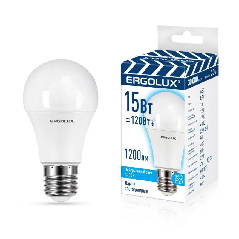 Лампа светодиодная LED-A60-15W-E27-4K "ПРОМО" ЛОН 15Вт E27 4500К 180-240В Ergolux 13638