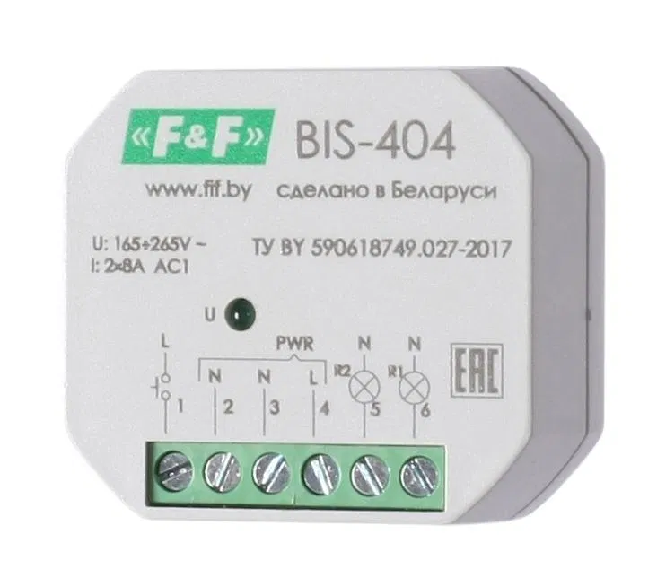 Реле импульсное BIS-404 (управление двумя нагрузками; для установки в монтажную коробку 230В 2х5А 2х1Z IP40) F&F EA01.005.006 Евроавтоматика F&F