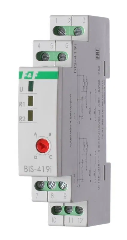 Реле импульсное BIS-419i (установка на DIN-рейку; 4 режима работы; управление двумя нагрузками; для нагрузки с больш. пусков. током (160А/20мс)) F&F EA01.005.021 Евроавтоматика F&F
