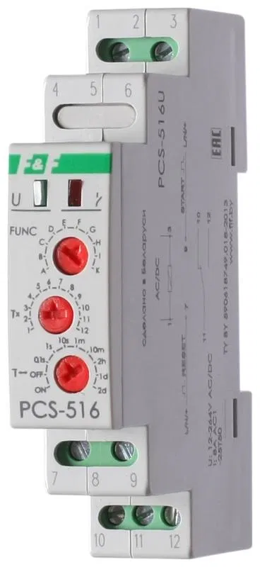 Реле времени PCS-516U 8А 12-264В AC/DC 1 перекл. IP20 многофункц. вход: START/RESET монтаж на DIN-рейке F&F EA02.001.014 Евроавтоматика F&F