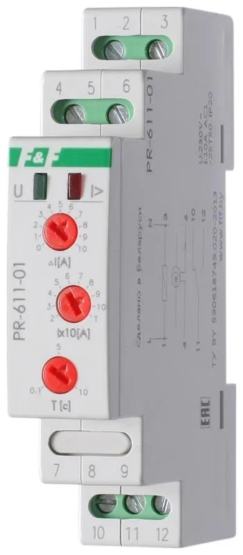 Реле тока РR-611-01 (исп.1 (20-110А); с задержкой отключения; монтаж на DIN-рейке 35мм 230В 10А IP20) F&F EA03.004.003 Евроавтоматика F&F