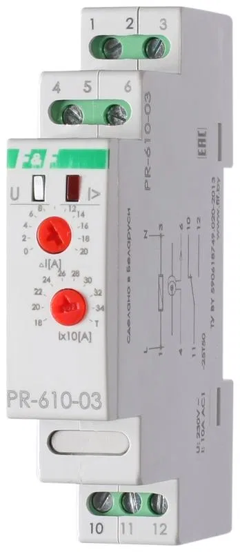 Реле тока PR-610-03 (180-360А; с выносным ТТ в комплекте; 1 модуль; монтаж на DIN-рейке) F&F EA03.004.011 Евроавтоматика F&F