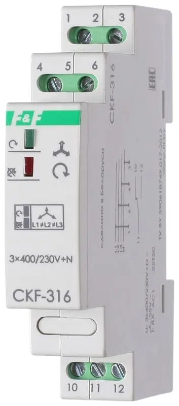 Реле контроля наличия и чередования фаз CKF-316 (монтаж на DIN-рейке 35мм 3х400/230+N 8А 1P IP20) F&F EA04.002.005 Евроавтоматика F&F