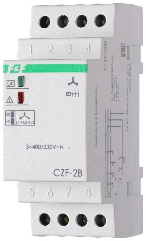 Реле контроля наличия фаз CZF-2B (монтаж на DIN-рейке 35мм 3х400/230+N 8А 1Z IP20) F&F EA04.003.002 Евроавтоматика F&F