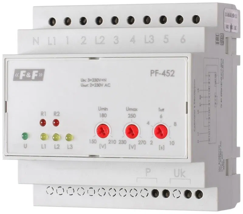 Переключатель фаз PF-452 (два выхода для питания нагрузки; с регулируемыми верхними (230-260) и нижними (150-210) значениями напряжения переключения; монтаж на DIN-рейке 35мм 3х400/230+N 6х16A IP20) F&F EA04.005.004 Евроавтоматика F&F