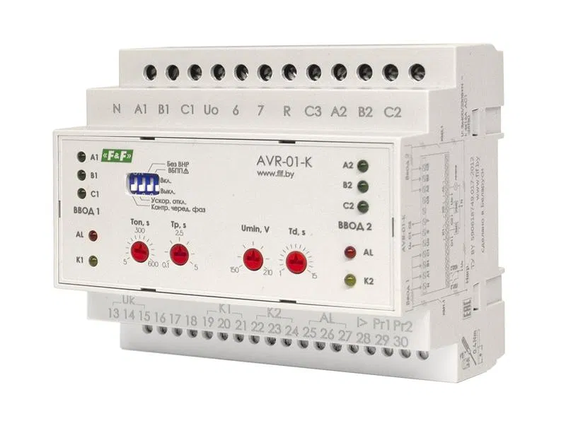 Устройство управления резервным питанием AVR-01-K (2 ввода; 1 нагрузка 35мм 3х400В+N 2х16А 2P IP20 монтаж на DIN-рейке) F&F EA04.006.001 Евроавтоматика F&F