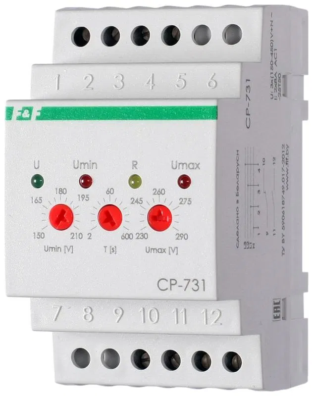 Реле напряжения CP-731 (трехфазный; микропроцессорный; контроль верхнего и нижнего значений напряжения; контроль асимметрии; чередования фаз; монтаж на DIN-рейке 35мм 3х400/230+N 2х8А 1Z 1R IP20) F&F EA04.009.005 Евроавтоматика F&F