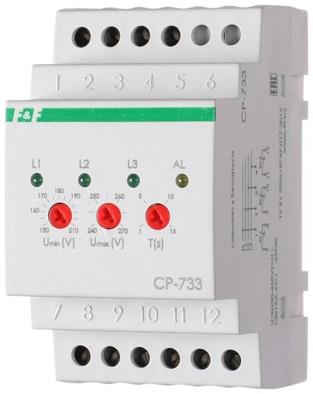 Реле напряжения CP-733 (трехфазное; контроль нижнего (150-210В) и верхнего (240-270В) порога напряжения; отдельный контакт на каждую фазу; монтаж на DIN-рейке 35мм 3х400/230 N 3х8А 3х1Z IP20) F&F EA04.009.006 Евроавтоматика F&F