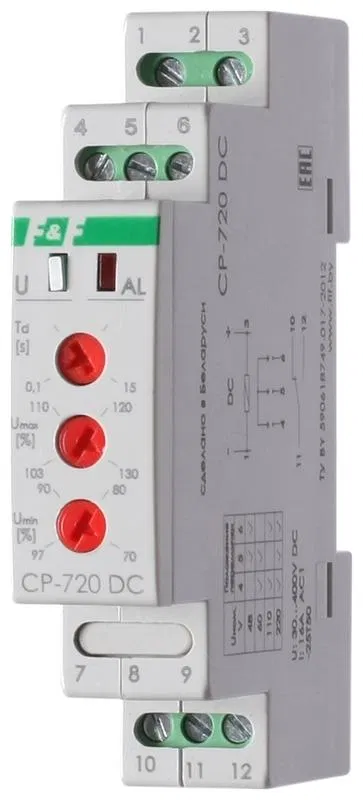 Реле напряжения CP-720DC (однофазное; контроль верхнего и нижнего значений напряжения; выбор напряжения контролир. сети; 1 модуль 30-400В DC 16А 1NO/NC IP20) F&F EA04.009.012 Евроавтоматика F&F