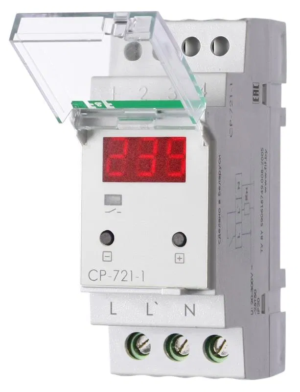 Реле напряжения CP-721-1 (CP-721-63A) (однофазное; цифровая индикация; напряжение питания 50-450В контакт 1NO 63А встроен. таймер регистрация аварий в памяти индикация текущего напряжения) (аналог УЗМ) F&F EA04.009.013 Евроавтоматика F&F