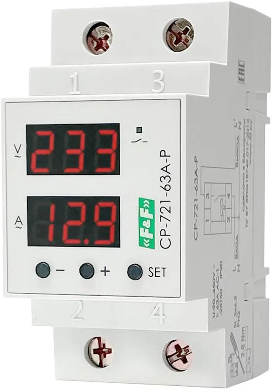 Реле напряжения с контролем тока и мощности CP-721-63A-P 1ф 1НО 63А 90..450В TrueRMS. F&F EA04.009.027 Евроавтоматика F&F