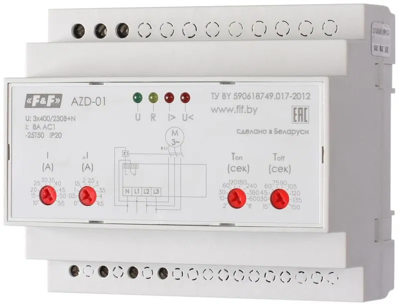 Multifunctional motor protection relay AZD-02 protection for three-phase motors up to 2.2kW; and for operation with external CT; 6 modules; DIN-rail mounting F&F EA05.004.005 Euroautomatika F&F