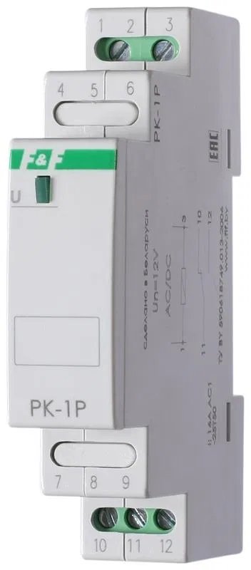 Реле промежуточное PK-1P/Un (монтаж на DIN-рейке 35мм 12В AC/DC 16А перекл.) F&F EA06.001.001 Евроавтоматика F&F