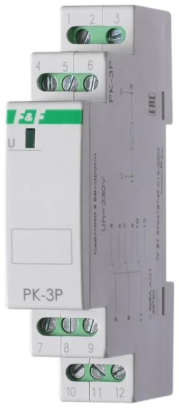 Реле промежуточное PK-3P/Un (монтаж на DIN-рейке 35мм 12В AC/DC 3х8А 3P IP20) F&F EA06.001.010 Евроавтоматика F&F